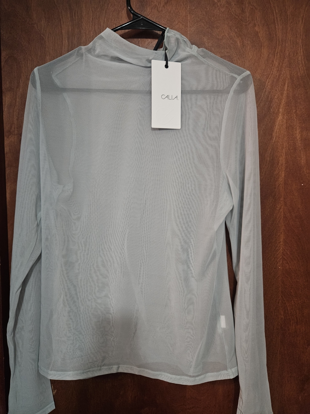 Calla Lightweight Sheer Mock Neck Long-Sleeve Top in Pale Gray